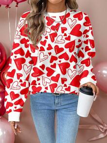 SHEIN LUNE Casual Minimalist Valentine's Day Atmosphere Heart Print Round Neck Loose Fit Women Sweatshirt, Suitable For Outings, Family Wear, Sisters Matching, Chic, Commuting, Weddings, Parties - Multicolor - View 1