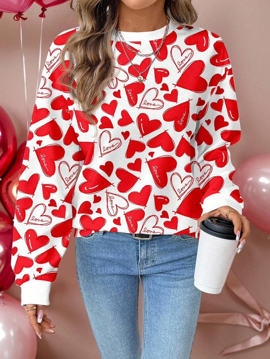SHEIN LUNE Casual Minimalist Valentine's Day Atmosphere Heart Print Round Neck Loose Fit Women Sweatshirt, Suitable For Outings, Family Wear, Sisters Matching, Chic, Commuting, Weddings, Parties - Multicolor - View 1