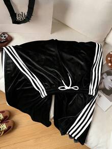 Comfortcana Quần dài cỡ lớn màu đen trắng trơn bằng nhung, thoải mái, phối sọc tương phản bên hông, thích hợp cho mùa xuân/thu. - Đen và trắng - Xem 5