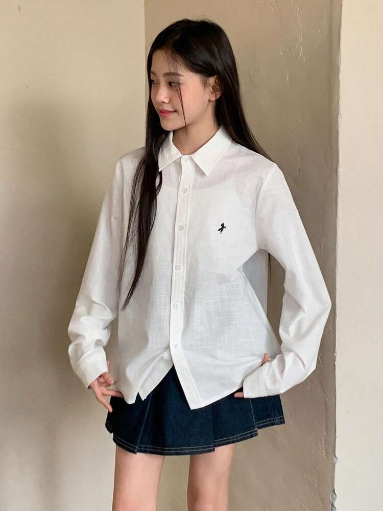 Teen Girl Turndown Collar Single-Breasted Unicorn Print Casual Versatile Daily Short Sleeve Shirt Long Sleeve Tops Women