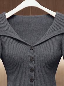 GlowEve 女士 Niche 黑色翻领收腰细罗纹长袖开衫，适合日常穿着和户外活动，春秋季皆宜。 - 深灰色 - 查看 6