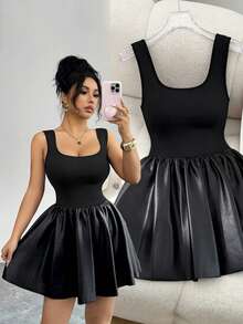 Elenzga 夏季新款黑色法式优雅修身方领无袖系带泡泡下摆高端设计女式紧身连衣裙 - 黑色 - 查看 1