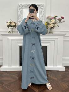 Yasmyna Women's Butterfly Pattern Flare Sleeve Halter Neck Loose Arabic Traditional Long Dress - Blue - View 6