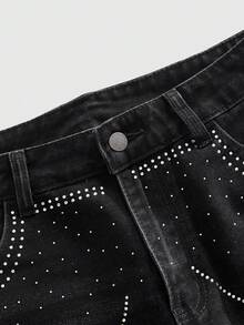 ROMWE MEN Street Life 男士十字镶钻图案毛边口袋休闲百搭日常牛仔短裤 - 黑色 - 查看 4