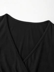 SHEIN PETITE Petite Women's V-Neck Batwing Sleeve Fitted Slim T-Shirt - Black - View 5