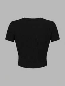 少女黑色短款修身圆领短袖韩流印花T恤，适合日常穿着、外出、上学等场合。 - 粉色 - 查看 3