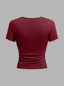 SHEIN Genkimix Kids Bộ 3 áo thun tay ngắn dáng ôm, màu trơn, thanh lịch, kiểu dáng thường ngày, có chi tiết nhún eo, phối nhiều màu sắc, phù hợp cho thanh thiếu niên và phụ nữ, thích hợp cho ngày Valentine. - Màu Đỏ Sâu - Xem 5