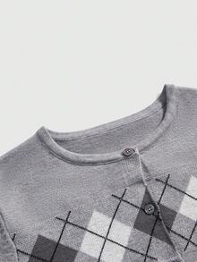 ROMWE 2pcs Y2K Casual Retro Coin Style Lightning Plaid Cardigan And Camisole Set - Grey - View 3