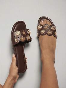 Solezae Women's Minimalist Comfortable, , One Band Slip-On Flat Sandals With Metal Ornaments - Coffee Brown - View 3