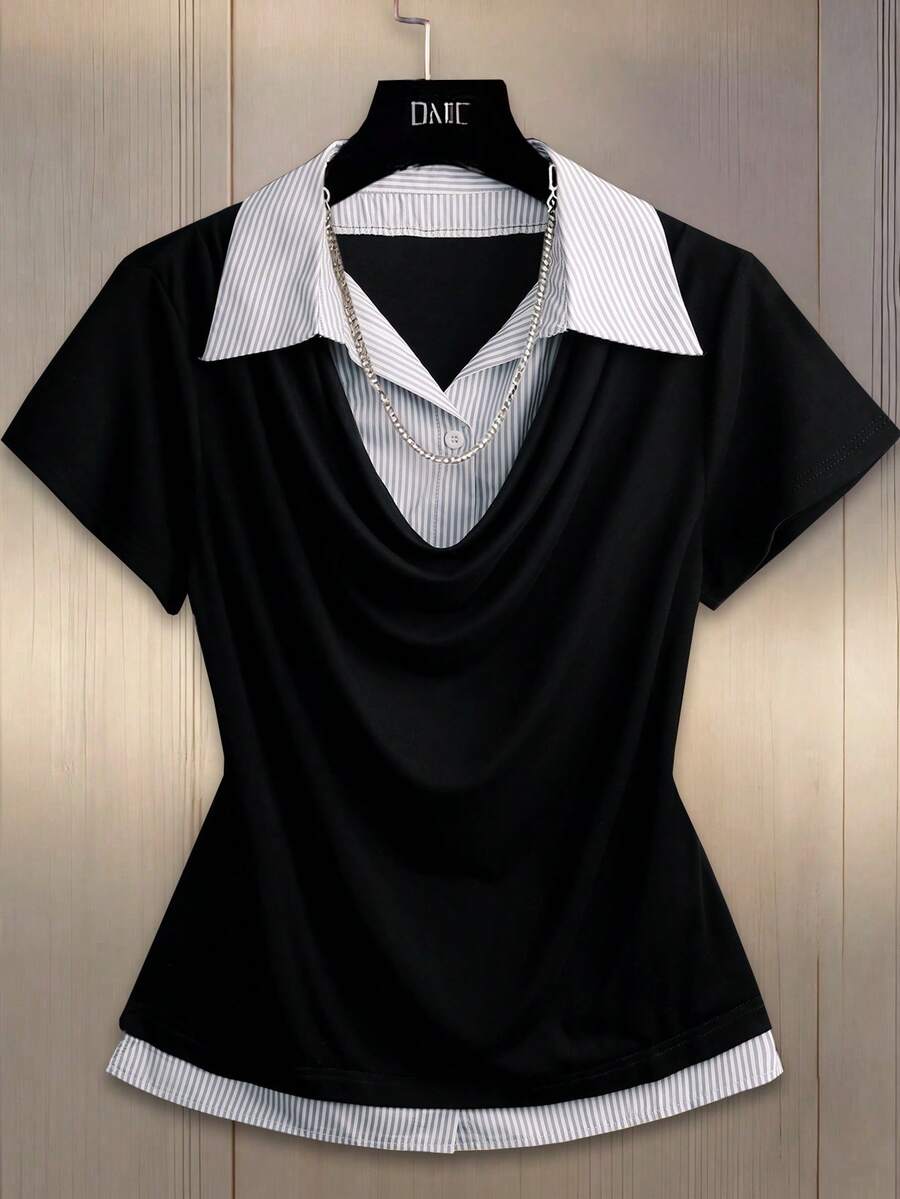 SHEIN Franclia Áo thun dài tay kẻ sọc giả chắp vá cho nữ, Áo bó sát - màu đen - Xem 1