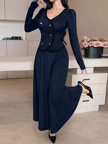 DAZY Women's Casual Colorblock V-Neck Top And A-Line Skirt 2-Piece Set, Spring/Summer - Navy Blue - View 4