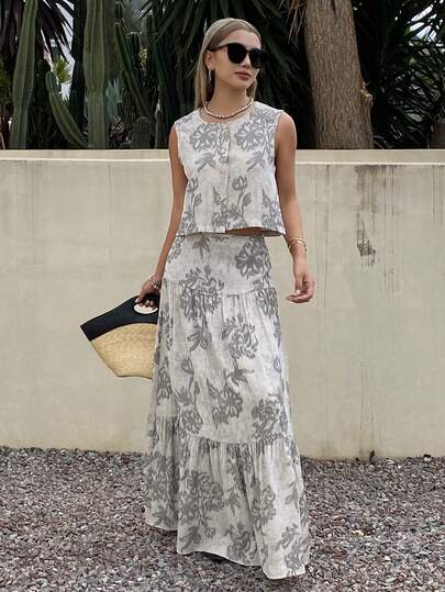 DAZY Conjunto de top corto y falda larga para mujer, estampado floral, estilo casual de playa/vacaciones, conjunto de 2 piezas para verano