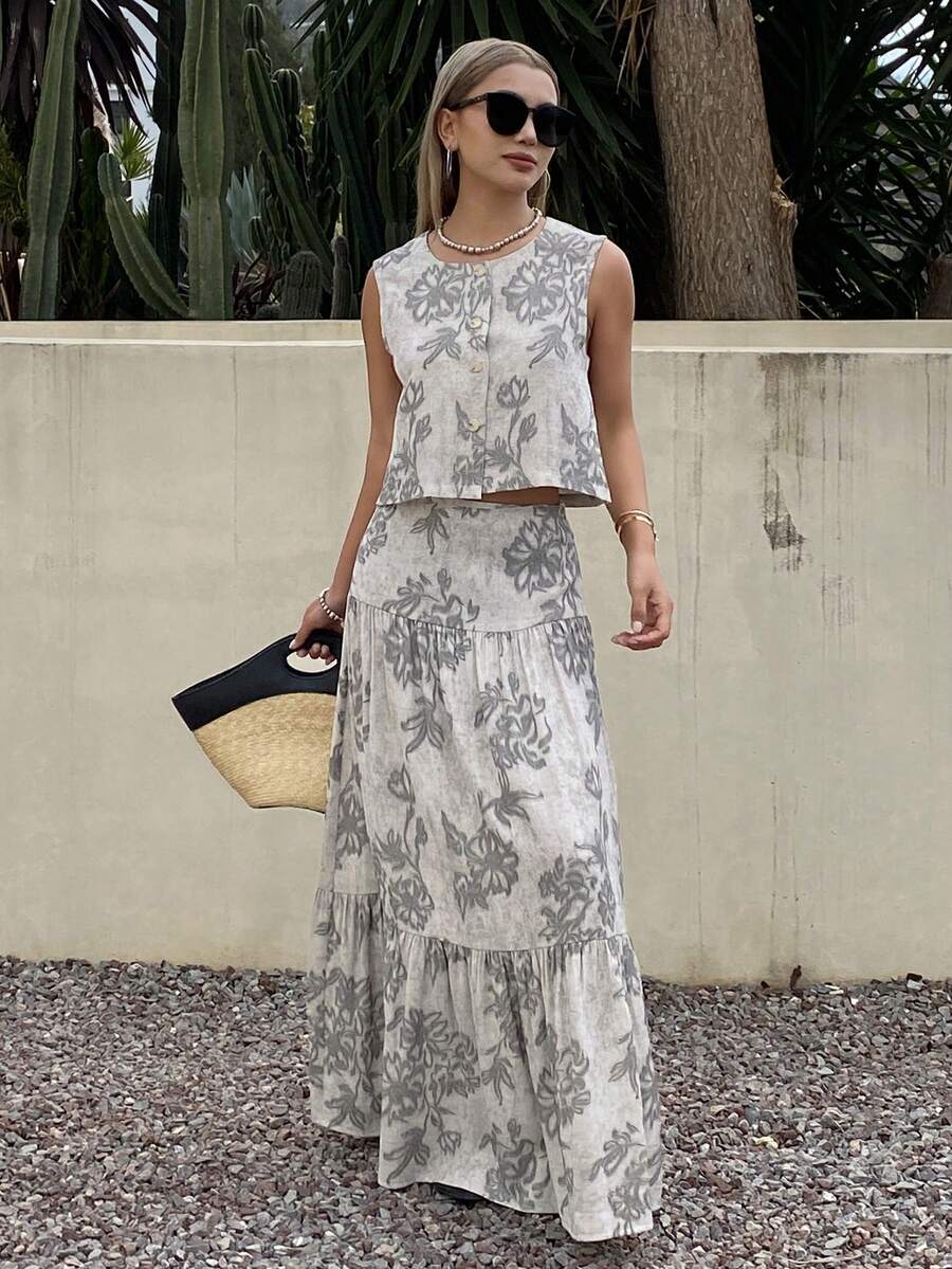 DAZY 女士短款上衣和长裙套装，碎花印花，休闲海滩/度假风，两件套夏季装 - 灰色 - 查看 1