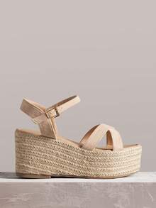 Styleloop 女士编织草绳交叉绑带高跟圆头凉鞋 - 杏色 - 查看 3