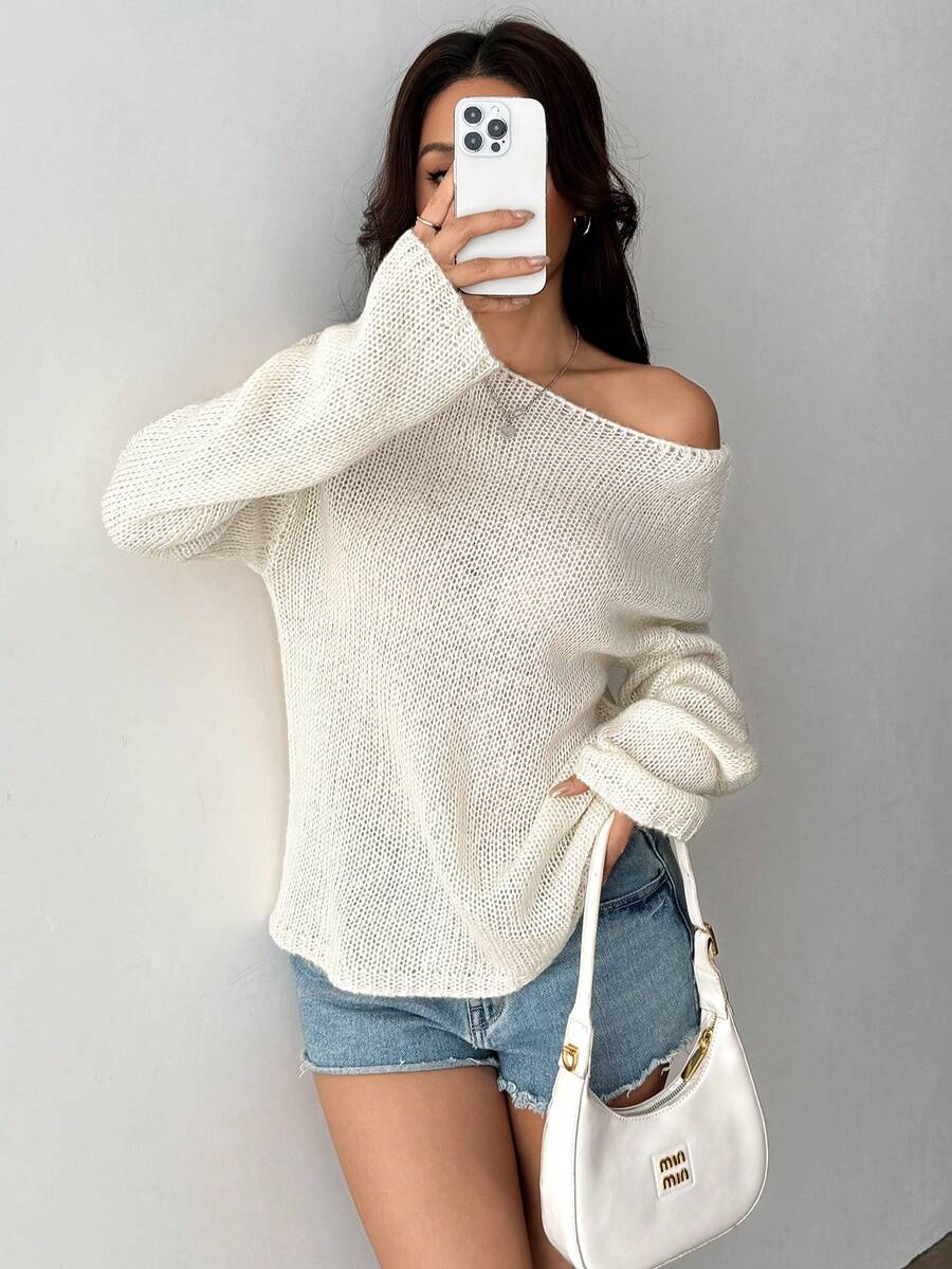 Almamuse 女士杏色圆领直袖休闲百搭针织上衣，适合春夏度假穿着 - 杏色 - 查看 1