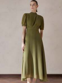 Aveloria Modichic Đầm chiffon thanh lịch dành cho nữ với thiết kế xếp ly ở phần ngực, tay áo kiểu công chúa, thắt eo, chân váy xòe, kiểu dáng tối giản và đa năng, phù hợp cho công sở, dài đến đầu gối. - Màu xanh Ô liu - Xem 5