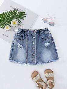 Teen Girls Casual Pockets Button Distressed Frayed Hem Denim Skirt Pants, Versatile For Daily Wear - Dark Wash - View 3