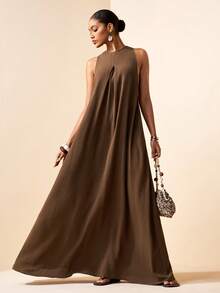 Zivah 2026 Spring/Summer New Arrival Wedding Season, Music Festival, Easter, Western, Boho, Nashville Inspired Sleeveless Round Neck Maxi Dress With Front Pleats, Sexy Open Back With Metal Buckle Pleats, Loose A-Line Silhouette, Suitable For Party, Wedding, Evening, Date, Casual Business ,Summer Dress - Dark Brown - View 2