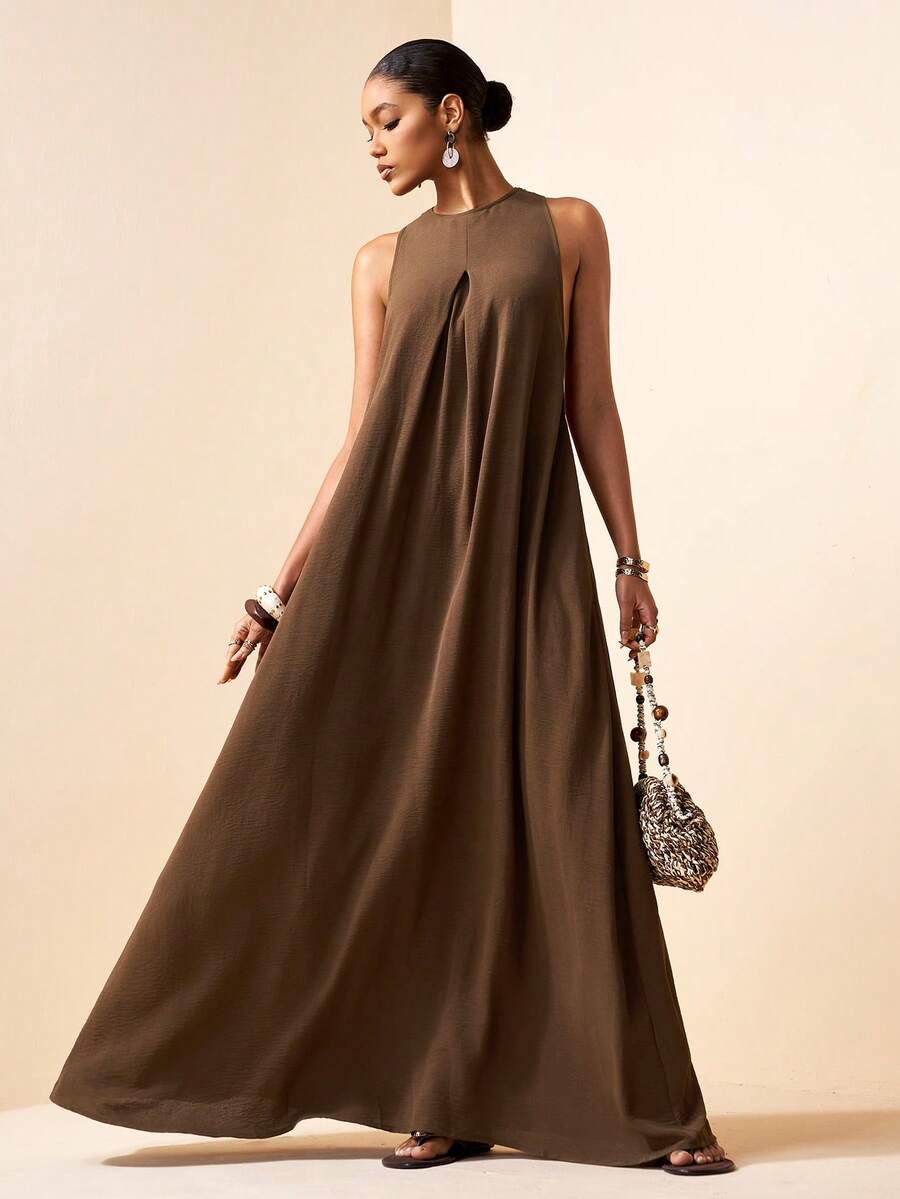 Zivah 2026 Spring/Summer New Arrival Wedding Season, Music Festival, Easter, Western, Boho, Nashville Inspired Sleeveless Round Neck Maxi Dress With Front Pleats, Sexy Open Back With Metal Buckle Pleats, Loose A-Line Silhouette, Suitable For Party, Wedding, Evening, Date, Casual Business ,Summer Dress