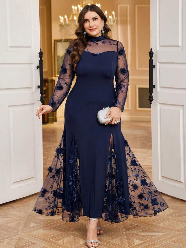 SHEIN Clasi Vestido de manga larga con cuello alto, parches de malla y decoración floral para mujer de talla grande