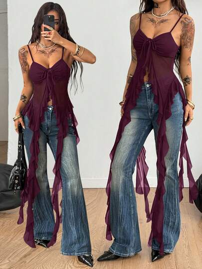 Coolane Camiseta de tirantes de mujer con bloques de color, encaje leopardo y estilo vintage Y2K para festivales de verano y música