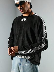 ROMWE MEN Street Life 男士休闲宽松圆领长袖T恤，印有音符图案 - 黑色 - 查看 1