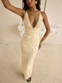 Vowa Elegant Luxurious Minimalist Deep V-Neck Lace Patchwork Dress, Sexy Dress, High Waist Black Lace Dress - Apricot - View 6