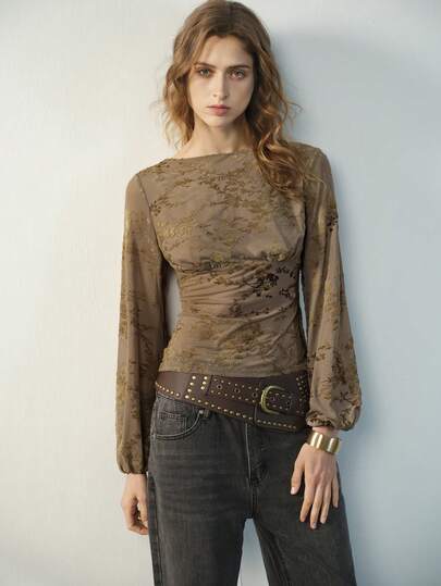 Maija Apricot Women's Boat Neck Lantern Sleeve Fitted Top  Spring Summer Earthy Tops Brown Lace Top Chic And Cool