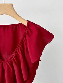 GlowEve Áo kiểu nữ không tay cổ chữ V nhiều lớp bèo nhún ở vai, thắt nơ ở eo, xếp ly ở gấu áo, dáng rộng, thời trang, thanh lịch. - Đỏ - Xem 4