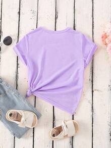 SHEIN Camiseta básica de manga corta y cuello redondo con estampado de dibujos animados para niñas, verano - Negro - Ver 2