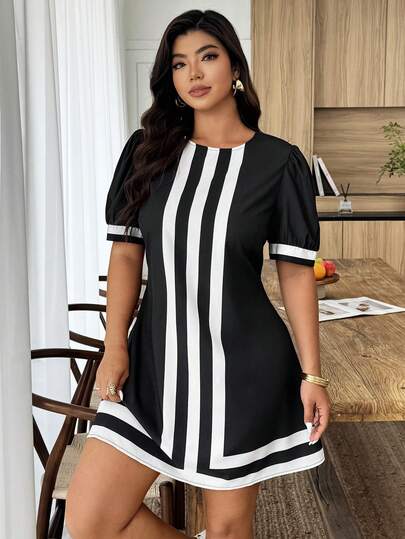 Weeklong Vestido corto de línea A con cuello redondo y mangas abullonadas para mujer talla grande, para vacaciones, primavera/verano