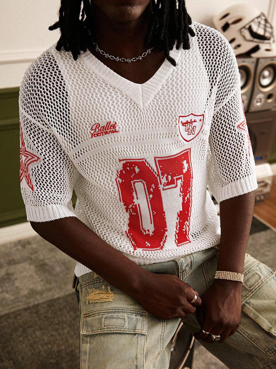 Manfinity Homme Men's V-Neck Letter & Number Graphic Casual Versatile Daily Wear Knit Short Sleeve Top - White - View 1