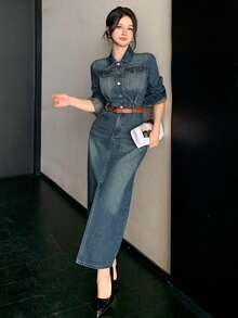 DAZY Women's Vintage Washed Denim Midi Dress With Large Pockets, Slim Fit, High Slit, Casual Business Office Wear, Spring/Summer/Autumn - Dark Wash - View 11