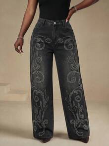 Slaydiva 夏季大码女装派对休闲夏季度假装扮，时尚休闲水钻水洗斜插口袋黑色牛仔裤 - 黑色 - 查看 6