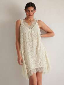 Freevana Plus Size Lace Patchwork Sheer Elegant Sleeveless Dress, Summer Dresses - Apricot - View 3