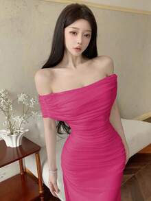 Modelyn 女士单肩褶皱腰身优雅婚纱/派对礼服 - 玫紅色 - 查看 7