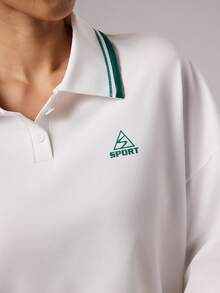 CourtClass 休闲百搭撞色纽扣长袖POLO领高尔夫球衫，饰有绿色字母印花 - 彩色 - 查看 6