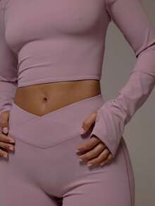 Musera Sport Cut Out Twist Back Long Sleeve Active Crop Top And Dipped Crossover Waistband Leggings Active Workout Gym Pilates Fitness Daily Casual Smoky Quartz - Dusty Purple - View 6
