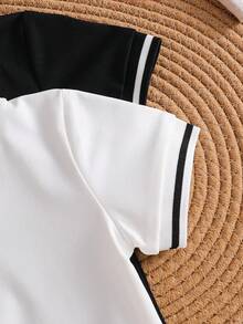 2件套男婴简约绅士风黑白条纹领按扣连体衣，纯黑白短袖连体衣套装，婴儿服装，简约绅士风，时尚经典，适合派对、休闲外出、春夏穿着，尺码3-24个月 - 黑與白 - 查看 6