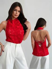 Firerie Áo kiểu dáng thanh lịch, năng động, cổ điển, hiện đại, không tay, cổ yếm, hở lưng, đính nơ, màu đen, phù hợp cho công sở, mùa xuân/hè. - Màu Đỏ Sâu - Xem 8