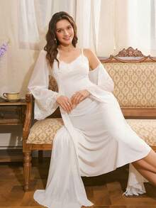 2pcs Southern France Elegant Lace Camisole Dress & Robe Sleepwear Set For Women - White - View 3