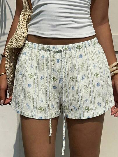 Aloruh Women's Elegant, Sexy, Cute, Fashionable Summer Vacation Ocean Coral Shell Starfish Small Fish Blue & Green Striped Button Waist Tie Shorts
