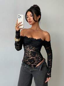 Aloruh Women's Black Lace Sheer Hollow Out Off-Shoulder Long Sleeve Bodysuit, Suitable For Weddings, Parties, Dates, Autumn/Winter Layering - Black - View 4