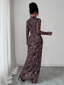 Rafferiza Women's Leopard Print Hollow Out Front Design Fitted Elegant Sexy Long Sleeve Dress - Multicolor - View 2