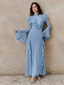 Anewsta Đầm dài tay cổ đứng màu xanh chiffon thanh lịch mới dành cho nữ mùa xuân/hè, phối ren tương phản. - Màu xanh lam - Xem 4