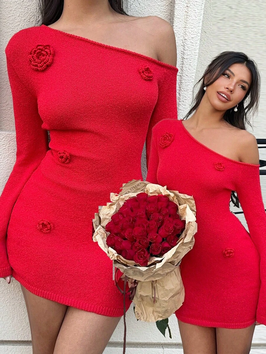 MainGRL 优雅修身红色纯色3D立体花卉贴花不对称肩部针织迷你连衣裙，适合鸡尾酒会和约会之夜，修身美观。 - 紅色 - 查看 1