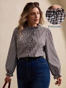 Elegantrix 女士格子荷叶边法式衬衫，休闲日常穿着，春夏款 - 棕色 - 查看 3