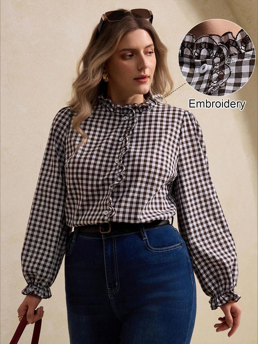 Elegantrix Women's Plaid Frill Trim French Blouse, Casual Daily Wear, Spring/Summer - Brown - View 1