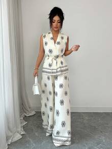 Elenzga Women's Printed Sleeveless Cropped Top + Wide Leg Printed Pants 2 Pieces Set - Multicolor - View 1