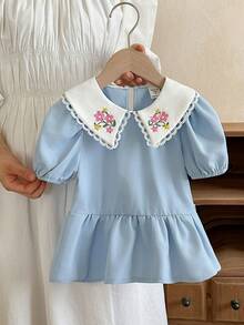 SHEIN LMoss Kids 女童法式优雅撞色刺绣领短袖衬衫 - 彩色 - 查看 3